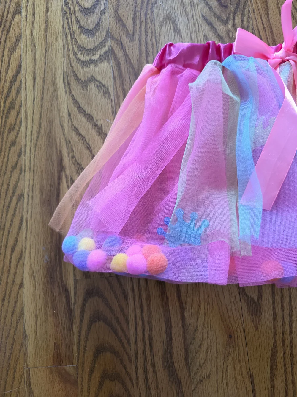 Expressions Pink Multicolor Pom-Pom Tulle Skirt with Ribbon Waist